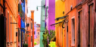 Colorful street in Burano, near Venice, Italy