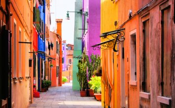 Colorful street in Burano, near Venice, Italy