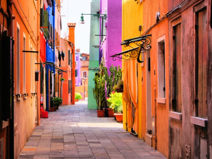 Colorful street in Burano, near Venice, Italy